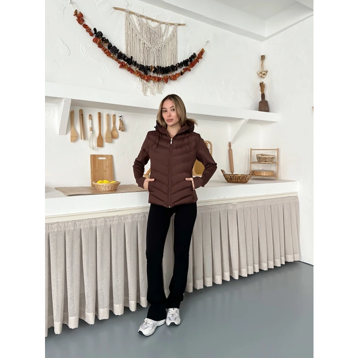 Kapüşonlu Şişme Mont Kahverengi