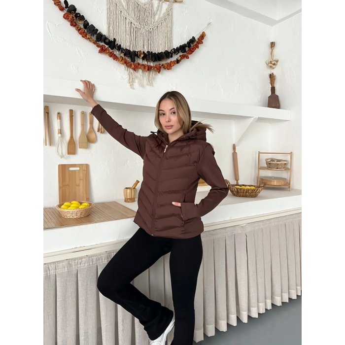 Kapüşonlu Şişme Mont Kahverengi