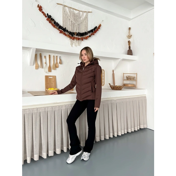 Kapüşonlu Şişme Mont Kahverengi