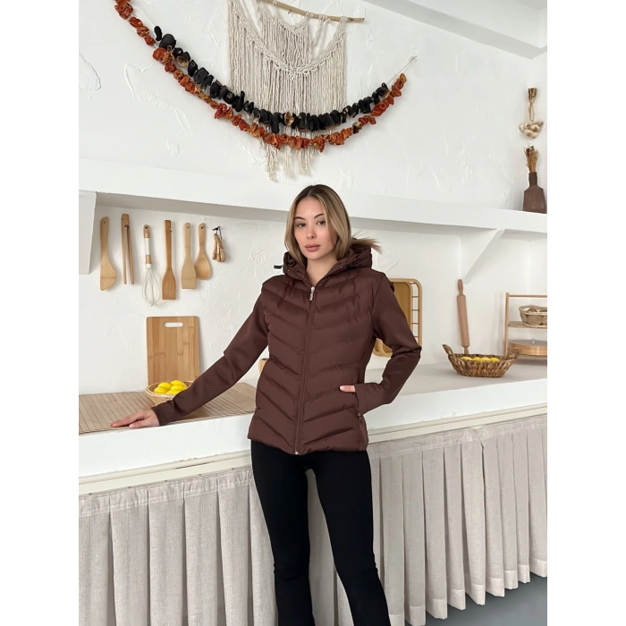 Kapüşonlu Şişme Mont Kahverengi