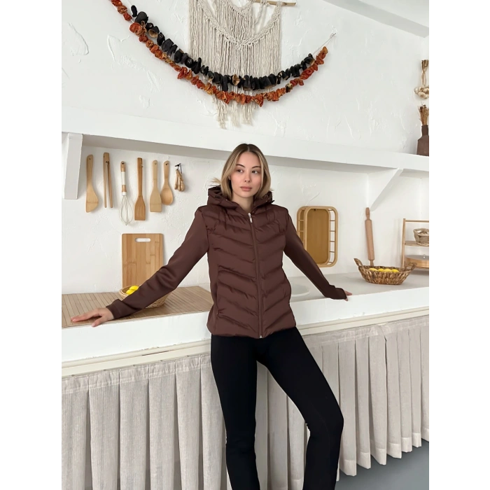 Kapüşonlu Şişme Mont Kahverengi