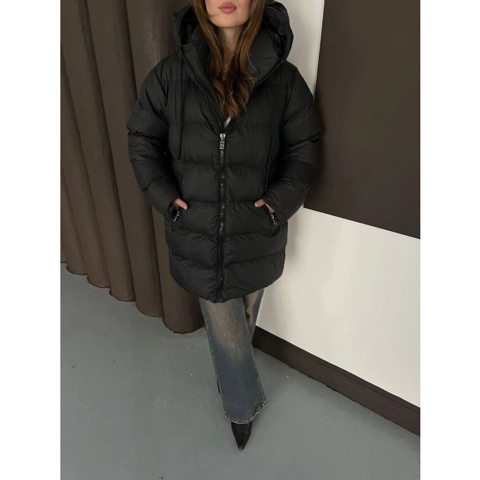 Kapüşonlu Şişme Mont Siyah