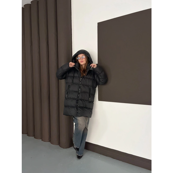 Kapüşonlu Şişme Mont Siyah