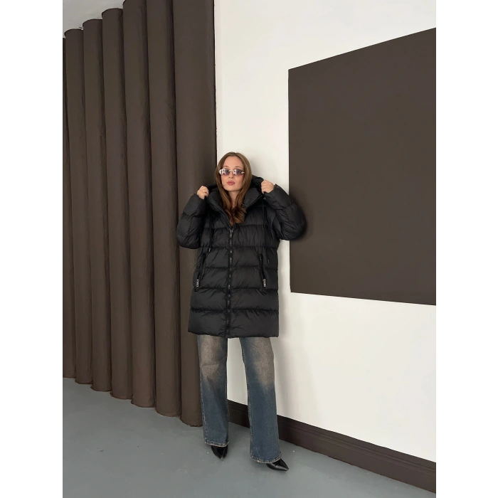 Kapüşonlu Şişme Mont Siyah