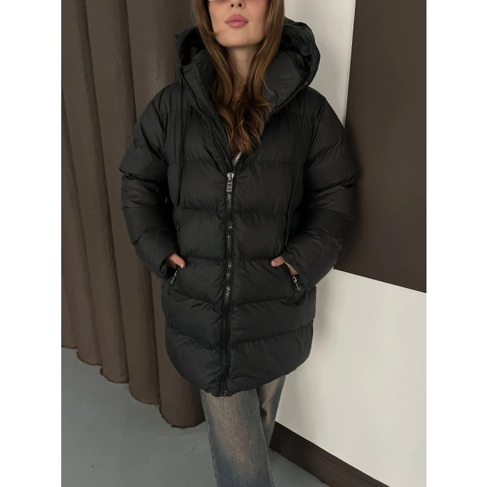 Kapüşonlu Şişme Mont Siyah