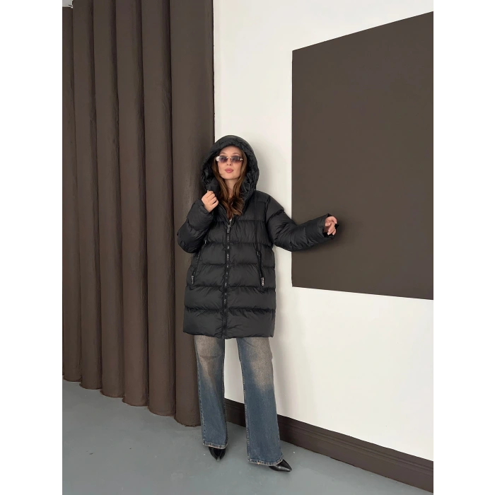 Kapüşonlu Şişme Mont Siyah