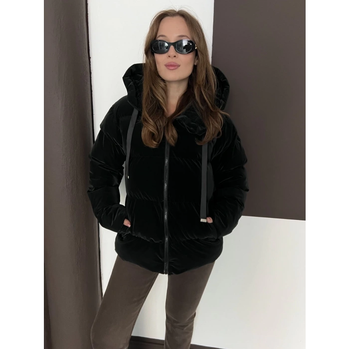 Kapüşonlu Şişme Parlak Mont Siyah