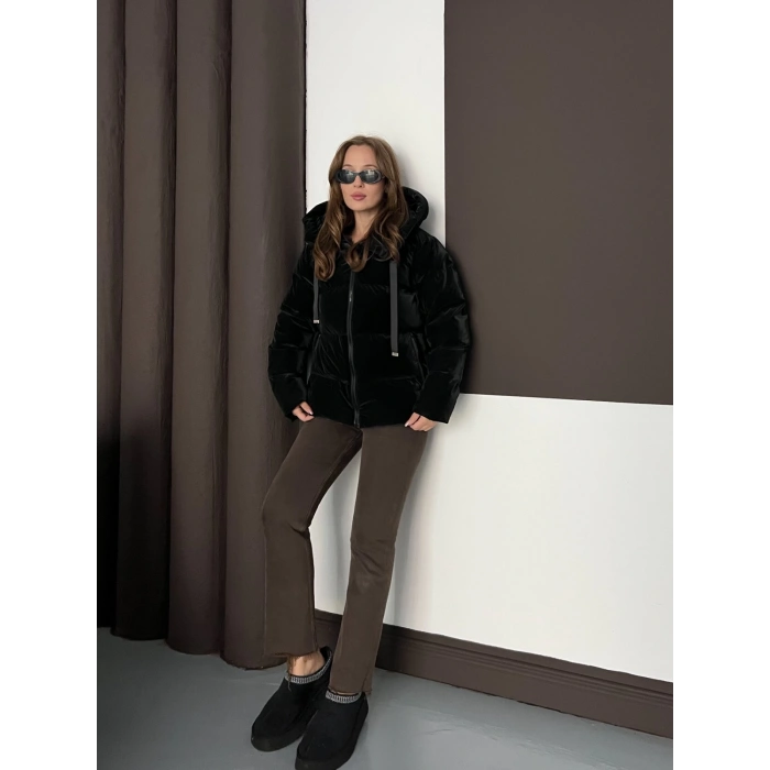Kapüşonlu Şişme Parlak Mont Siyah