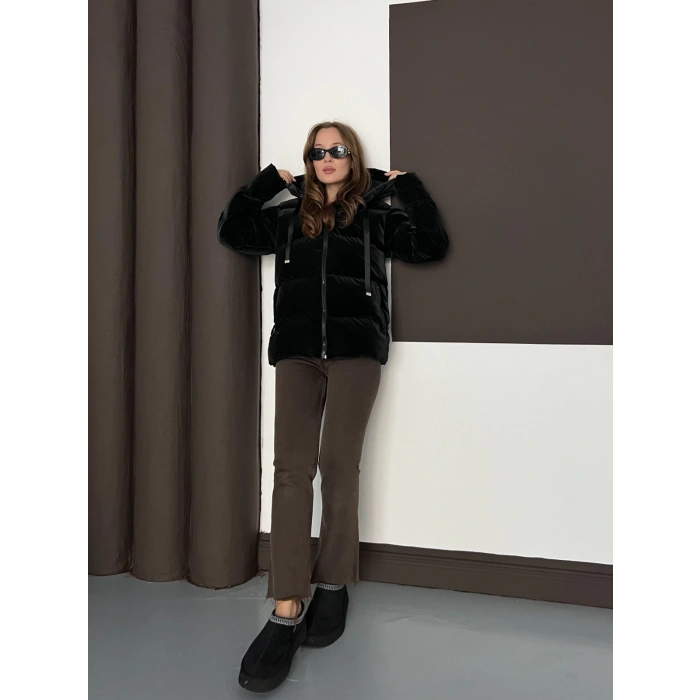 Kapüşonlu Şişme Parlak Mont Siyah