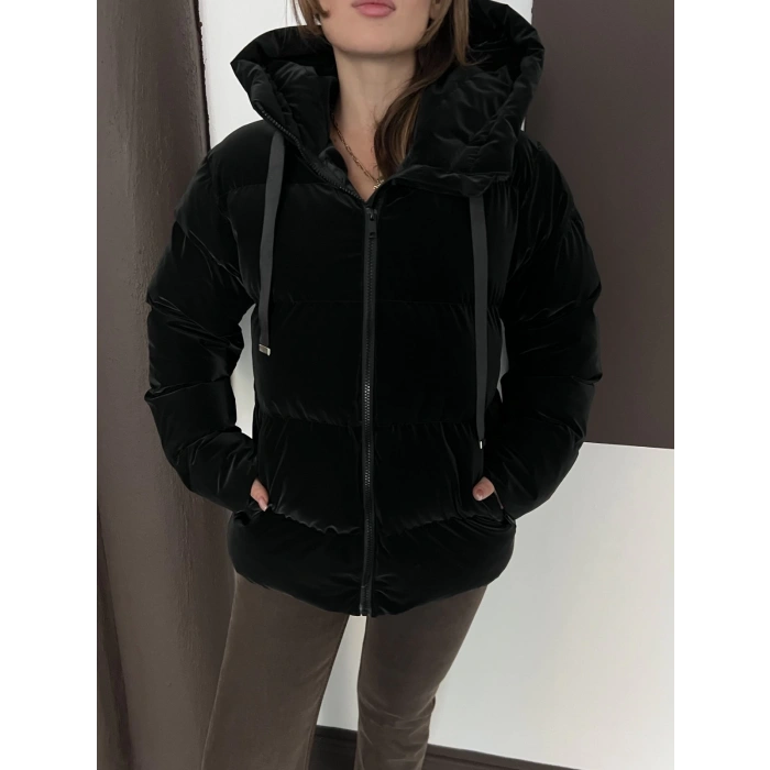 Kapüşonlu Şişme Parlak Mont Siyah