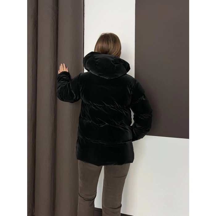 Kapüşonlu Şişme Parlak Mont Siyah