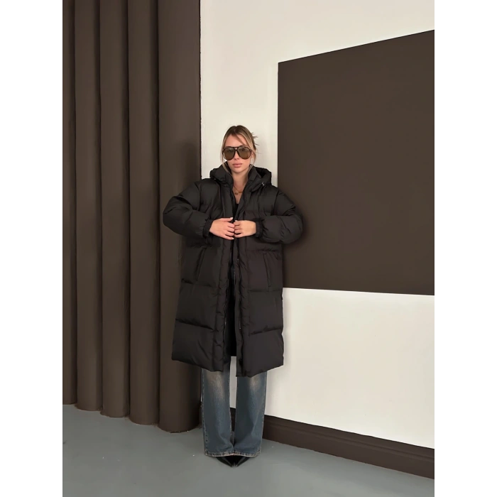 Kapüşonlu Şişme Uzun Siyah