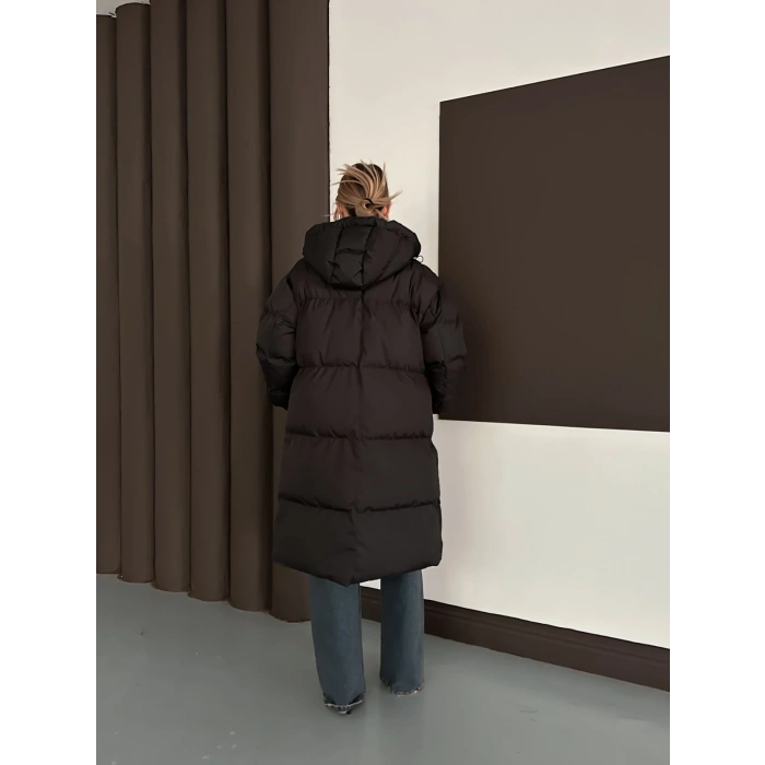 Kapüşonlu Şişme Uzun Siyah