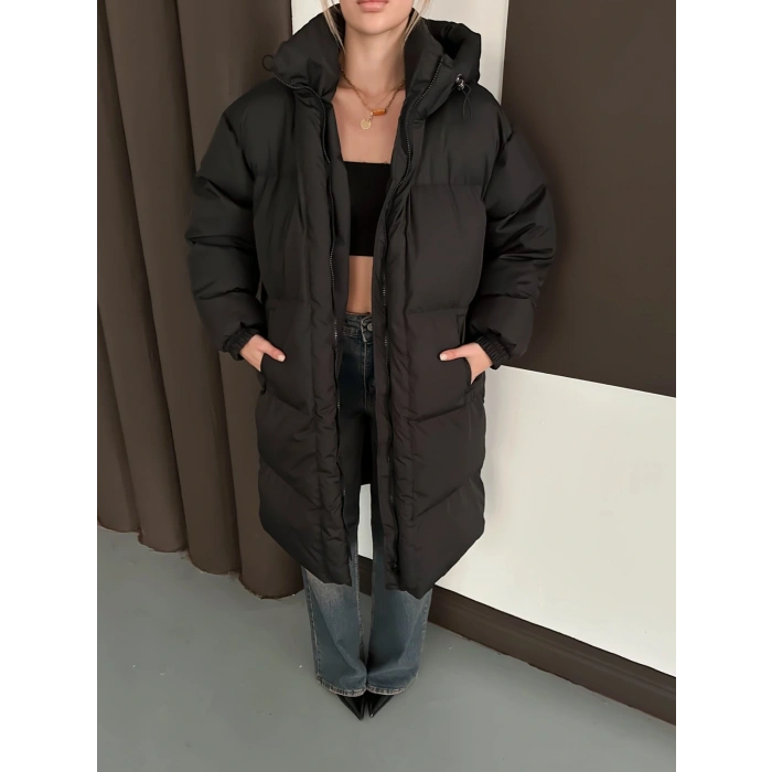 Kapüşonlu Şişme Uzun Siyah