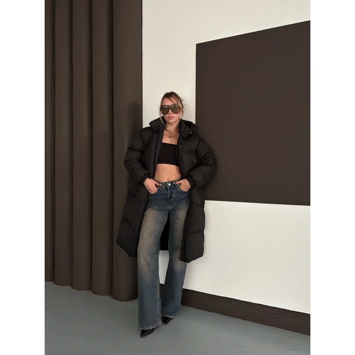 Kapüşonlu Şişme Uzun Siyah