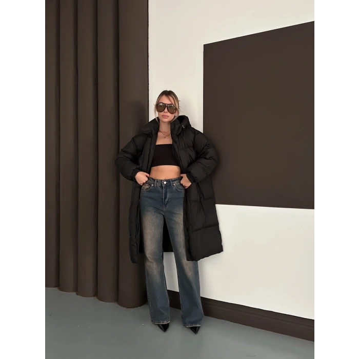 Kapüşonlu Şişme Uzun Siyah