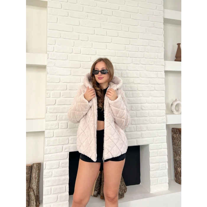 Kapüşonlu Yumoş Desenli Ceket Pudra Pembe