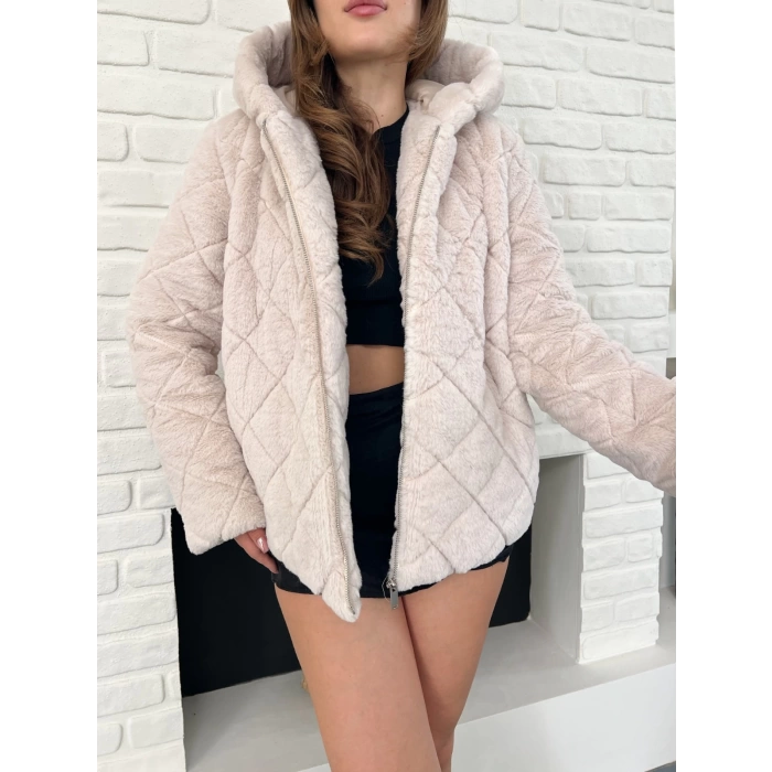 Kapüşonlu Yumoş Desenli Ceket Pudra Pembe