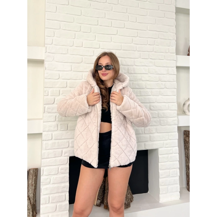 Kapüşonlu Yumoş Desenli Ceket Pudra Pembe