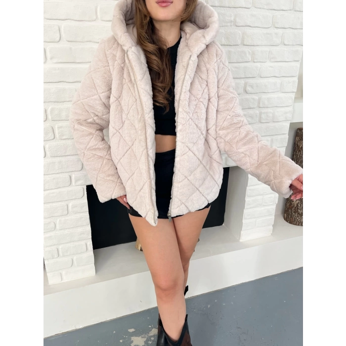 Kapüşonlu Yumoş Desenli Ceket Pudra Pembe