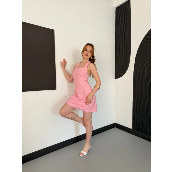 Kare Yaka Boyundan Bağlamalı Mini Çan Elbise Pembe
