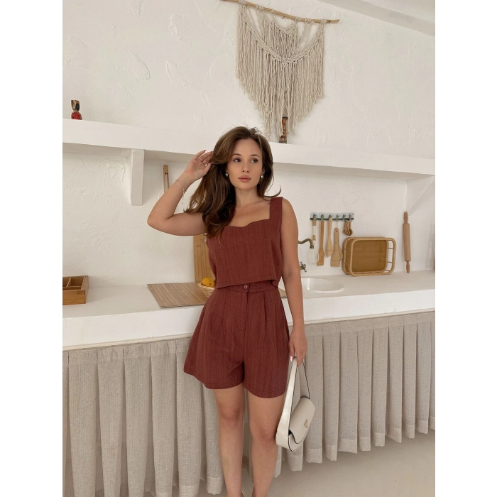 Kare Yaka Croplu Şortlu Keten Takım Kahve