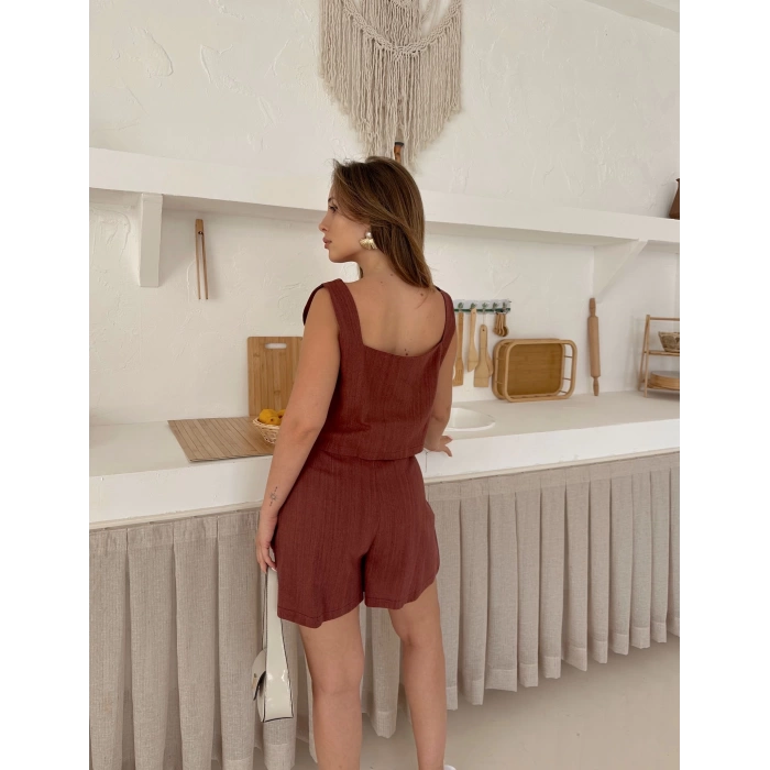 Kare Yaka Croplu Şortlu Keten Takım Kahve