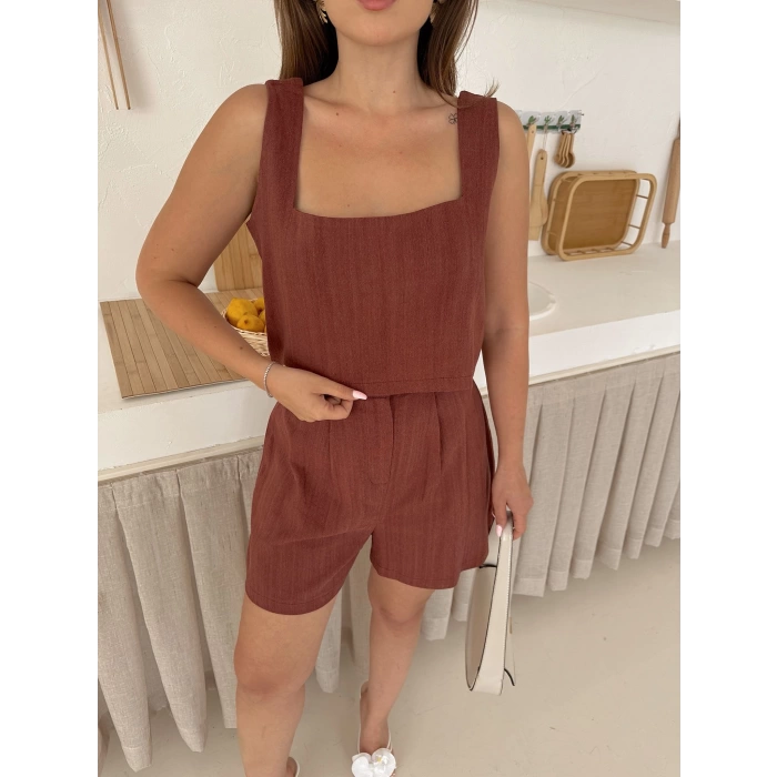 Kare Yaka Croplu Şortlu Keten Takım Kahve