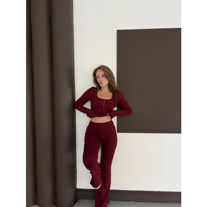 Kare Yaka İspanyol Paça İkili Takım Bordo