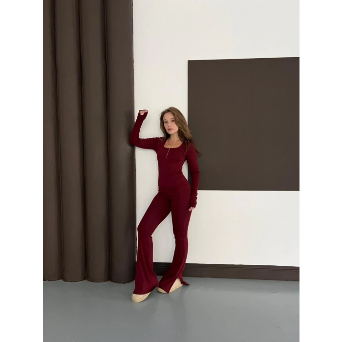 Kare Yaka İspanyol Paça İkili Takım Bordo