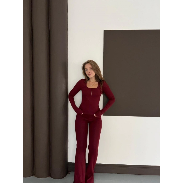 Kare Yaka İspanyol Paça İkili Takım Bordo