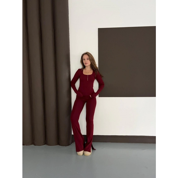 Kare Yaka İspanyol Paça İkili Takım Bordo