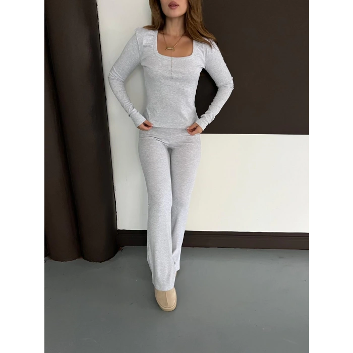 Kare Yaka İspanyol Paça İkili Takım Gri