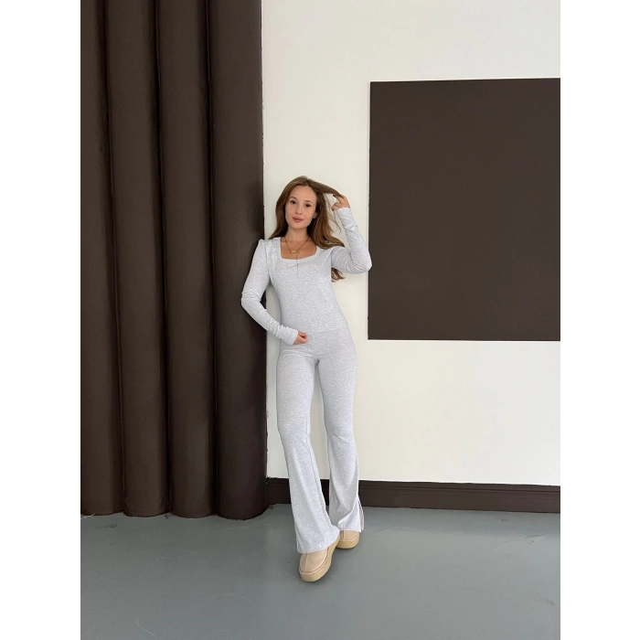 Kare Yaka İspanyol Paça İkili Takım Gri