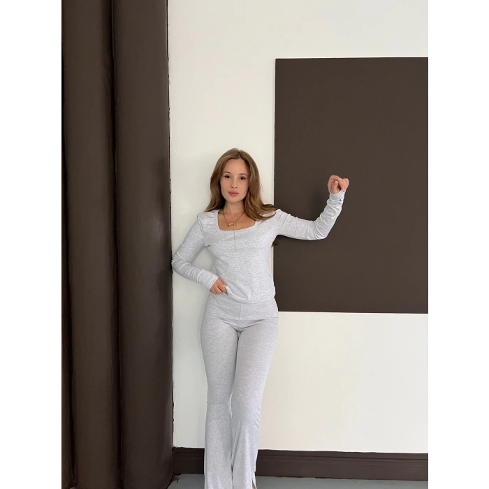 Kare Yaka İspanyol Paça İkili Takım Gri