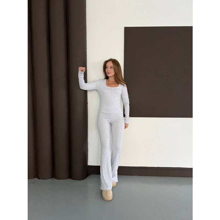 Kare Yaka İspanyol Paça İkili Takım Gri