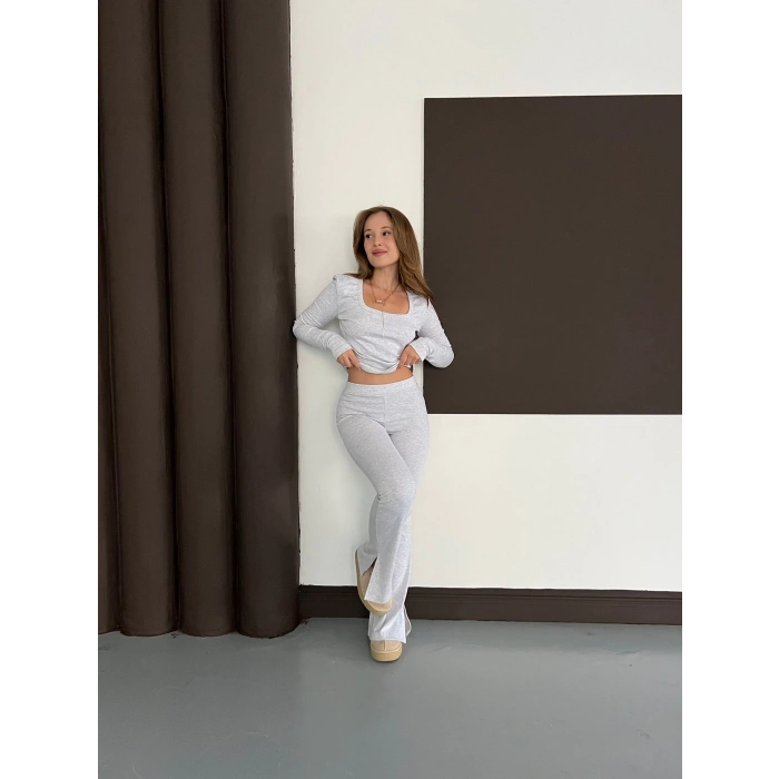 Kare Yaka İspanyol Paça İkili Takım Gri