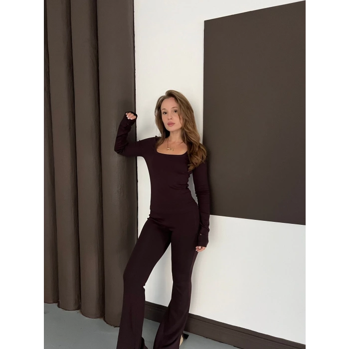 Kare Yaka İspanyol Paça İkili Takım Kahverengi