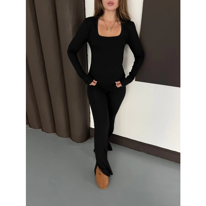 Kare Yaka İspanyol Paça İkili Takım Siyah