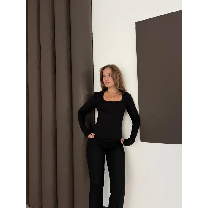 Kare Yaka İspanyol Paça İkili Takım Siyah