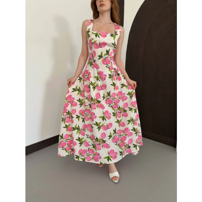 Kare Yaka Kalın Askılı Desenli Midi Elbise Pembe