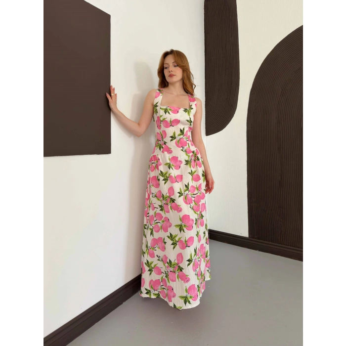 Kare Yaka Kalın Askılı Desenli Midi Elbise Pembe