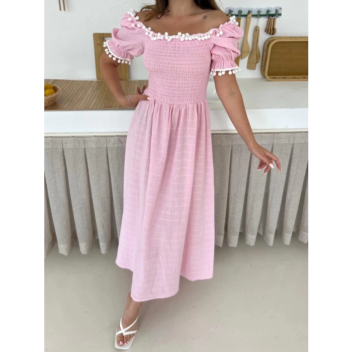 Kare Yaka Ponpon Detay Keten Elbise Pembe