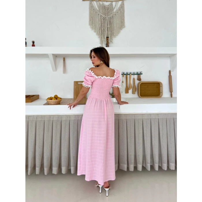 Kare Yaka Ponpon Detay Keten Elbise Pembe