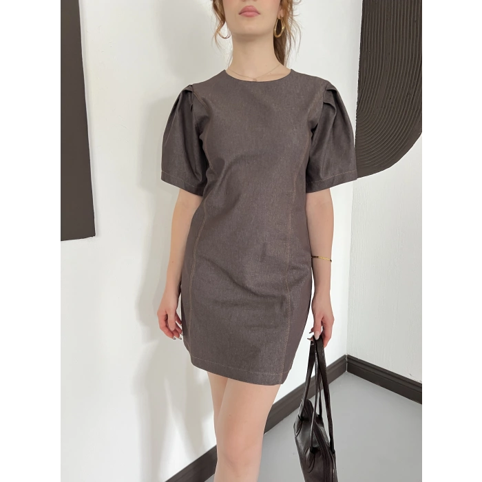 Karpuz Kol Mini Denim Elbise Kahve