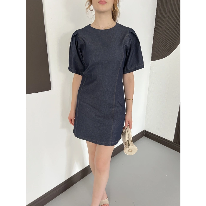 Karpuz Kol Mini Denim Elbise Lacivert