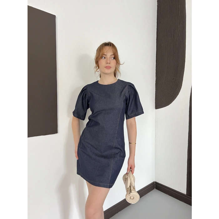 Karpuz Kol Mini Denim Elbise Lacivert