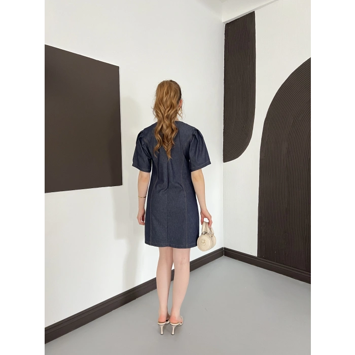 Karpuz Kol Mini Denim Elbise Lacivert