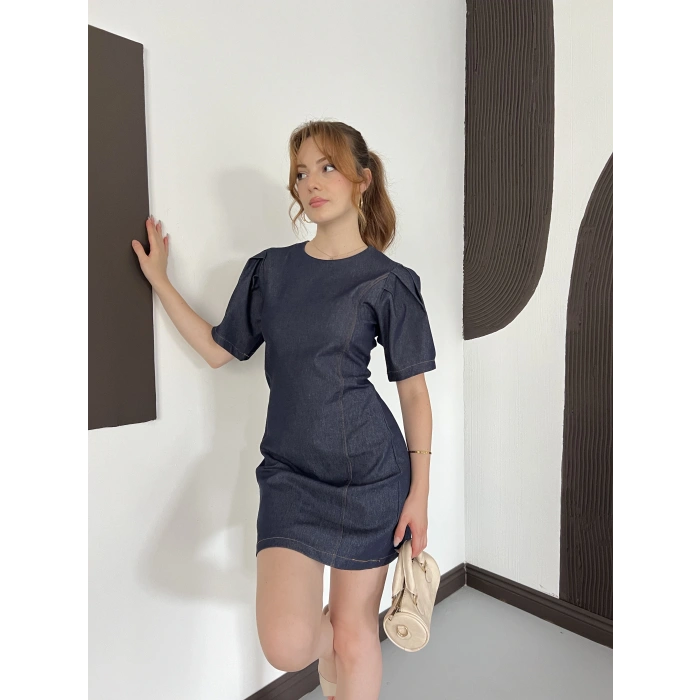 Karpuz Kol Mini Denim Elbise Lacivert