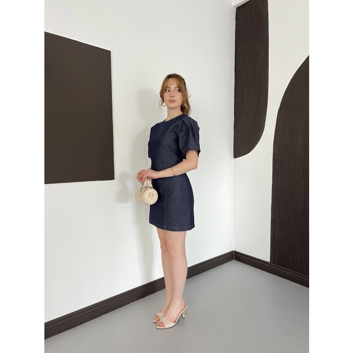 Karpuz Kol Mini Denim Elbise Lacivert